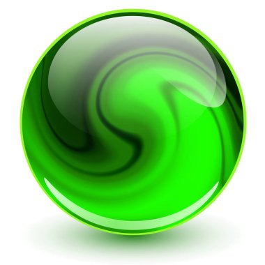 İçinde soyut spiral şekil olan cam küre yeşil, ilginç mermer top 3D kristal düğme, vektör illüstrasyon.
