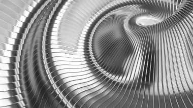 Soyut gümüş çizgili arka plan, dalgalı krom metal çizgiler, ilginç spiral mimari asgari duvar kağıdı, 3D çizim.