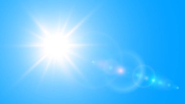 Mavi gökyüzünde parlayan mercekli güneş, sıcak hava konsepti olarak güneşli arka plan, vektör yaz arkaplan illüstrasyonu.