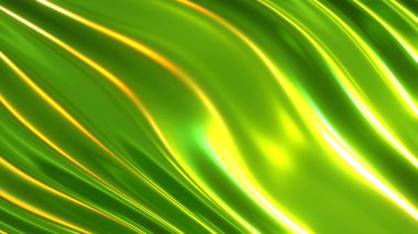 Yeşil dalgalı arka plan, parlak ve parlak krom metal desen dokusu, ipeksi sıvı metalik dalgalar, 3D çizim.