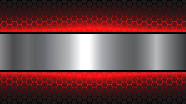 Altıgen desenli siyah ve kırmızı soyut arkaplan, iş sunumu için gümüş metal afiş ile koyu arkaplan, 3D vektör illüstrasyonu.