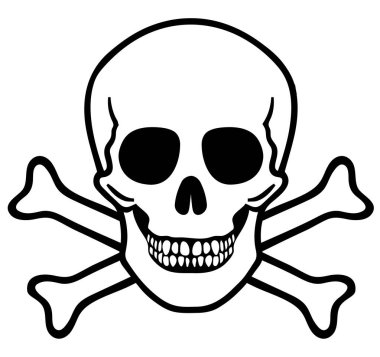 Tehlike işareti, kemik ikonlu insan kafatası, siyah ana hatlı acil durum sembolü, vektör illüstrasyonu