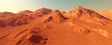 Mars Gezegeni Sahnesi, turuncu ve kırmızı aşınmış kumla çöl manzarası, 3 boyutlu kurgusal Mars manzarası.