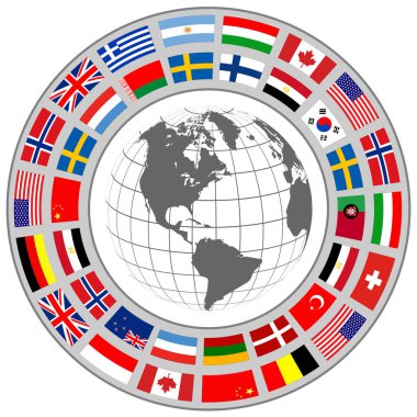 Dünya küresi ve uluslararası bayraklı iş simgesi, bayraklı halka, vektör iş konsepti sembolü