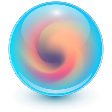 İçinde soyut spiral şekilli cam top, ilginç mermer desenli turuncu mavi parlak küre, 3 boyutlu vektör çizimi.