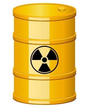 Radyoaktif uyarı sembollü sarı tehlikeli atık varili simgesi, vektör illüstrasyonu.