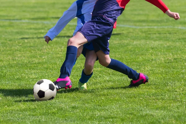 Футболисты Дуэли Траве Бегущей Футбольным Мячом Стоковое Изображение