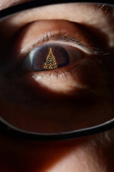 Αφηρημένη Αντανάκλαση Του Χριστουγεννιάτικου Δέντρου Στο Κορίτσι Μάτι — Φωτογραφία Αρχείου