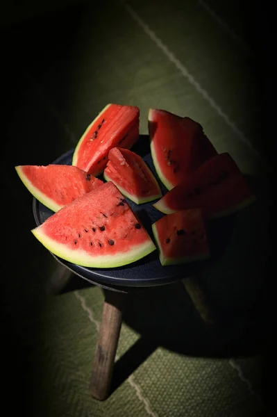 Sliced Watermelon Plate Old Chair Natural Light — Fotografia de Stock