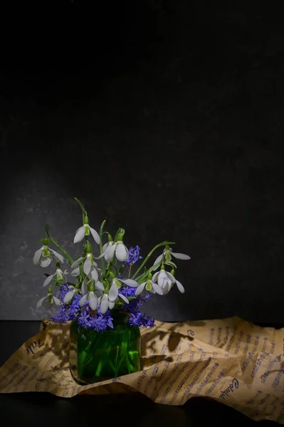 ブラックテーブル上の花瓶の抽象的なスノードロップ — ストック写真