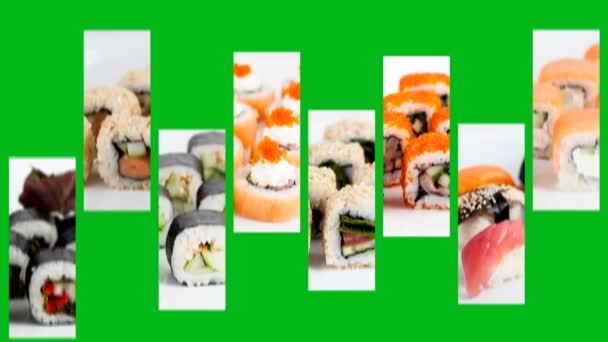 Conjunto Sushi Rolos Com Cromakey Fundo Movimento Vídeo — Vídeo de Stock