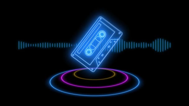 Glow Blå Neon Ljudkassett Med Ljudvågor Svart Bakgrund Animation Video — Stockvideo