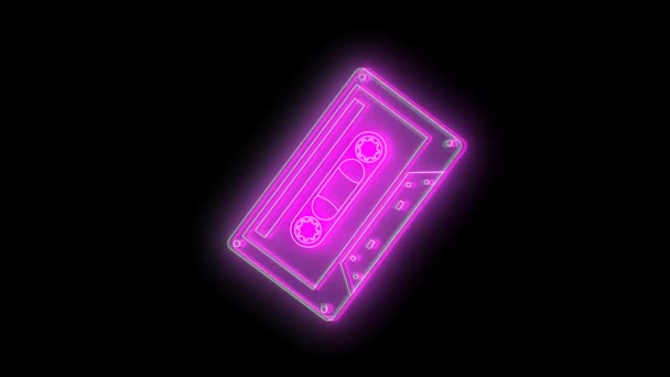 Brilho Neon Áudio Cassete Rotação Fundo Preto Loop Animação Vídeo — Vídeo de Stock