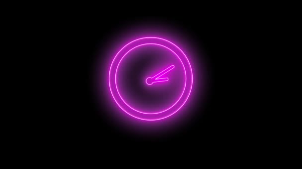 Glow Neon Klocka Ikon Rotation Svart Bakgrund Loop Animation Video — Stockvideo