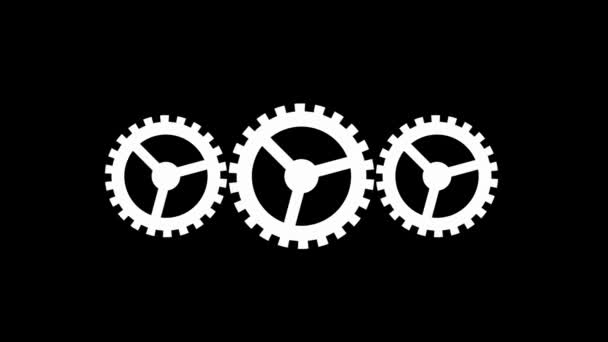 Rotating Three White Gears Animation Black Background — Stock Video