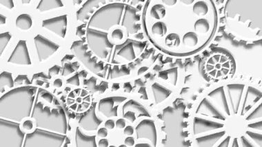 Dişliler dönme mekanizması 3d animasyon beyaz renk ve hafif arkaplan 4K