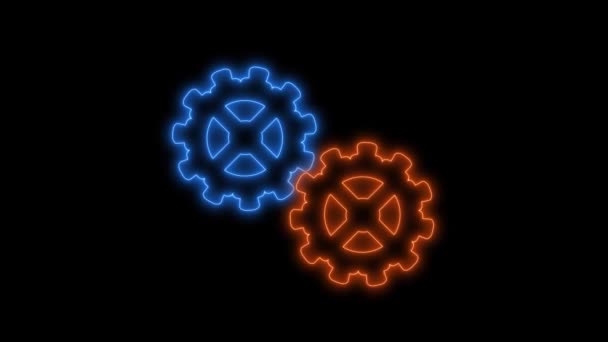 Zwei Neonblaue Und Orangefarbene Spinnräder Animation Auf Schwarzem Hintergrund — Stockvideo