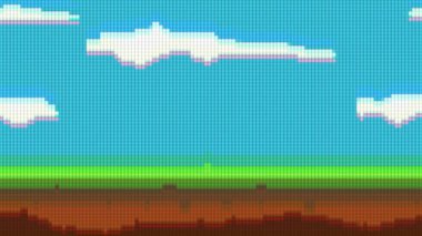 Eski bir pikselin tarzında animasyon. Arka plan piksel sanat, zemin, çimen, gökyüzü ve bulutlar tarzında. 4K video