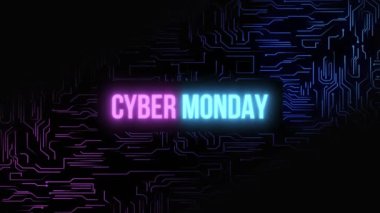 Değişken arkaplanda neon harflerle ve çizgilerle Siber Pazartesi