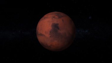 Gerçekçi Mars gezegeni uzayda dönüyor ve yakınlaşıyor, yıldızların arasında, 4k.