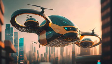 ai sanat, modern büyük şehirde binalarla uçan fütürist insansız hava aracı 