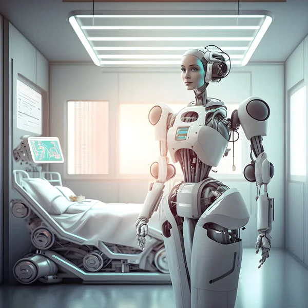 female ai robot in hospital room near bed