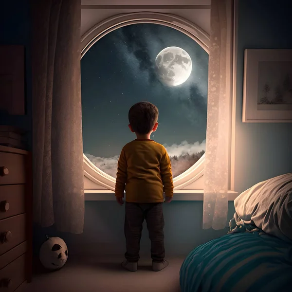 child watching in window. boy in the room. moon in night sky