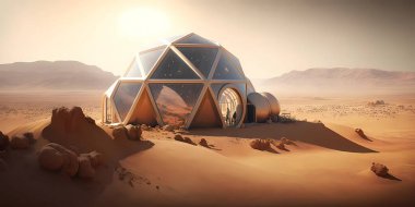 mars planet with futurist building, golden desert landscape 