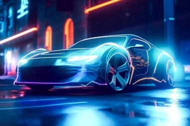 Gece şehrinde araba sürerken 3D görüntüleme