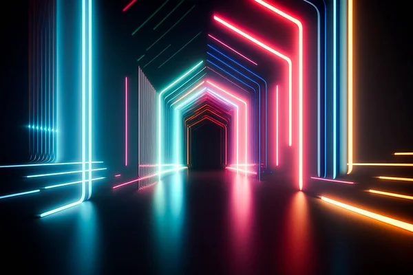 Neon Glödande Techno Linjer Abstrakt Bakgrund Rendering — Stockfoto