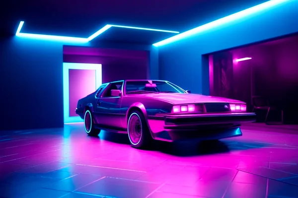 Światła Neonowe Renderowanie Samochodu — Zdjęcie stockowe