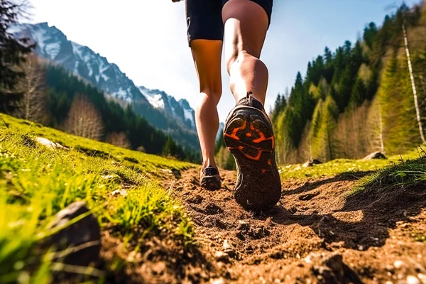 Jovem Atleta Correndo Trilha Nas Montanhas — Fotografia de Stock
