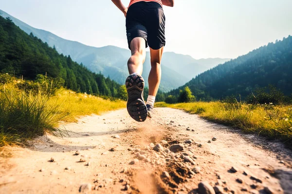 Jovem Atleta Correndo Trilha Nas Montanhas — Fotografia de Stock