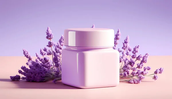 Kosmetikdose Und Lavendelblüten Auf Violettem Hintergrund Stockbild