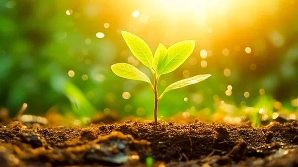 Young plant in the sunlight growing from the soil. Plant seedling and agriculture. New life thriving in the field background. Success and progress concept. Ai generated illustration