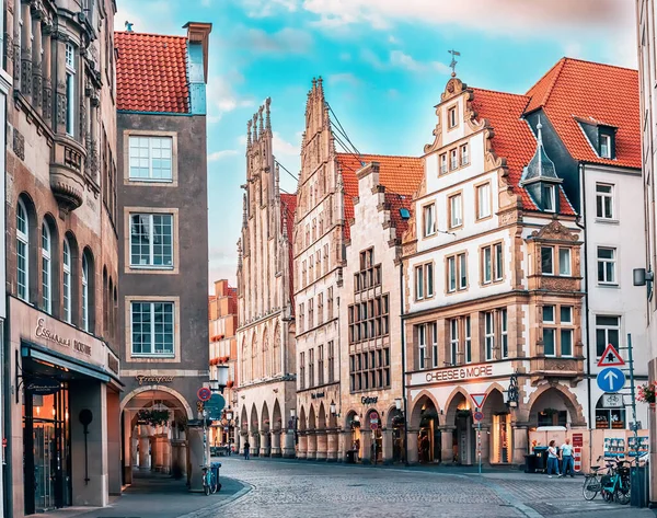 stock image 26 July 2022, Munster, Germany: Old houses with exquisite gables on the Prinzipalmarkt street where numerous shops and galleries are located. Travel attractions and sights