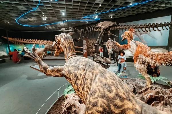 2022年7月26日 德国蒙斯特自然历史博物馆 带着孩子参观侏罗纪和白垩纪可怕恐龙模型展览的家庭 — 图库照片