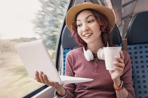 Happy Young Girl Rides Modern Intercity Train Remotely Internet Works — Stock Photo, Image