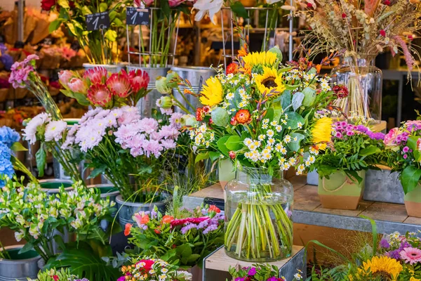 A bouquet of beautiful spring flowers for sale in the florist shop for the holiday.