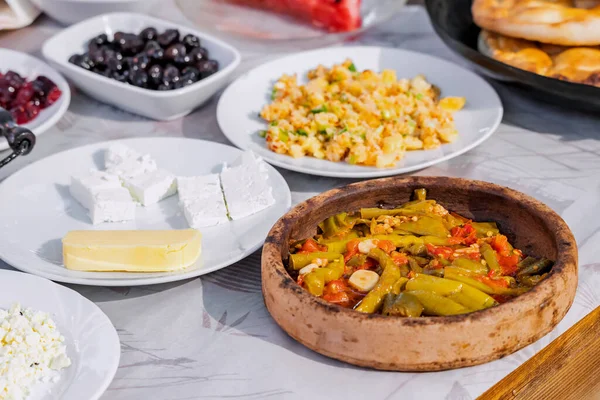 Hearty Rich Turkish Breakfast Table Restaurant — Stock Photo, Image