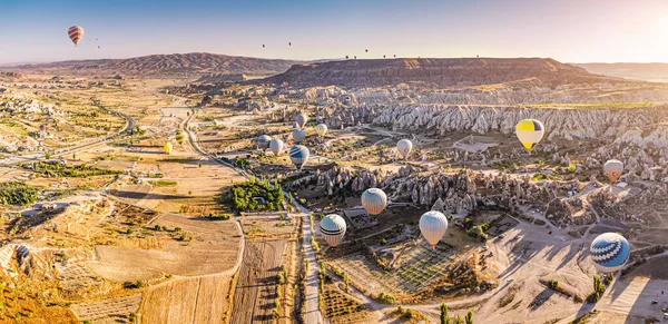 Beautiful Aerial Panoramic View Valley Cappadocia Magical Flying Balloons Sunrise — Stock Photo, Image
