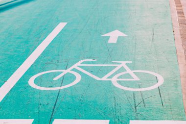 Painted blue Bicycle lane in city park. Eco environment and green and healthy transport. Bike path