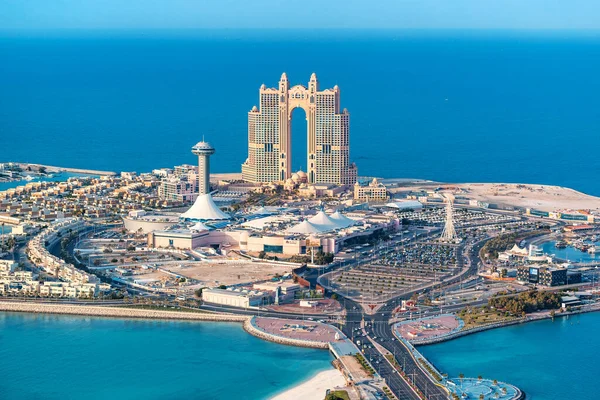 stock image 15 January 2023, Abu Dhabi, UAE: Aerial view of peninsula with development area and stunning Rixos Marina hotel building