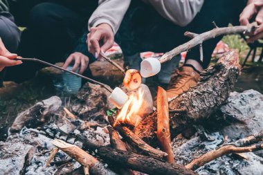Kamp gezisi sırasında şenlik ateşinde marşmelov pişirmek ve kızartmak.
