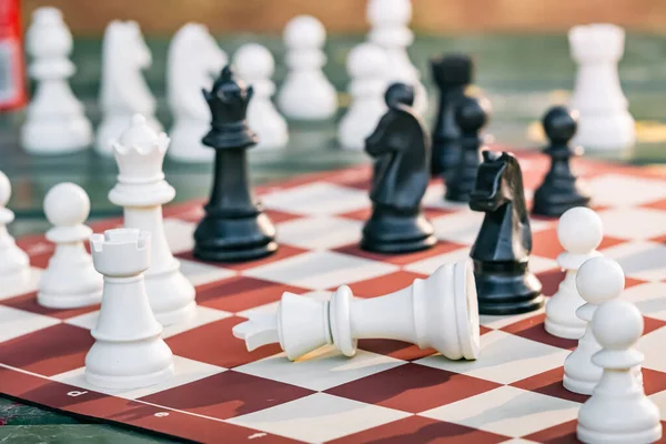 stock image the defeated king lies on the chessboard among other black and white chess pieces. The concept of revolution and political leader and victory