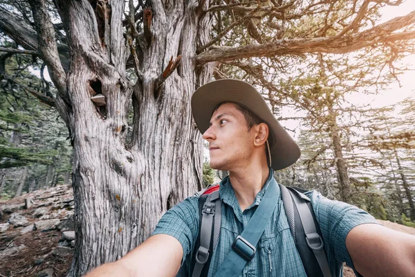 Happy Man Traveler Naturalist Backdrop Lycian Way Woods Lebanon Cedar — Stock Photo, Image