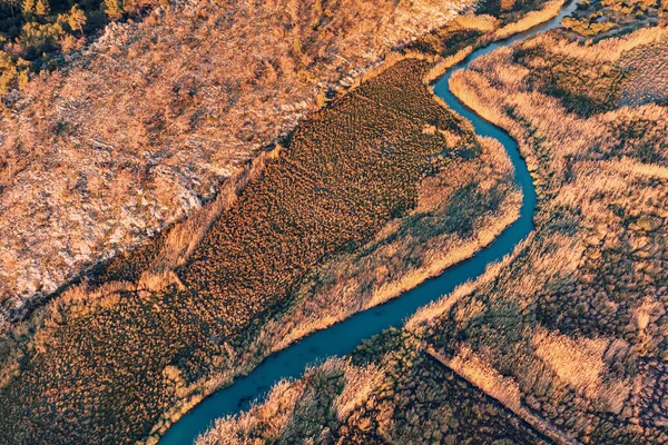 Повітряний Вид Річку Протікає Через Пишні Водно Болотні Угіддя Зображення — стокове фото