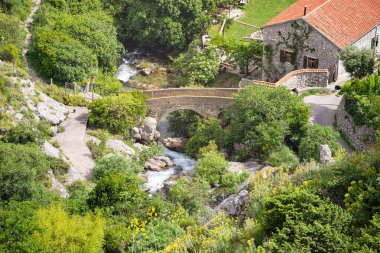Bereketli bir orman vadisinde sakin bir nehrin üzerindeki antik taş köprü.