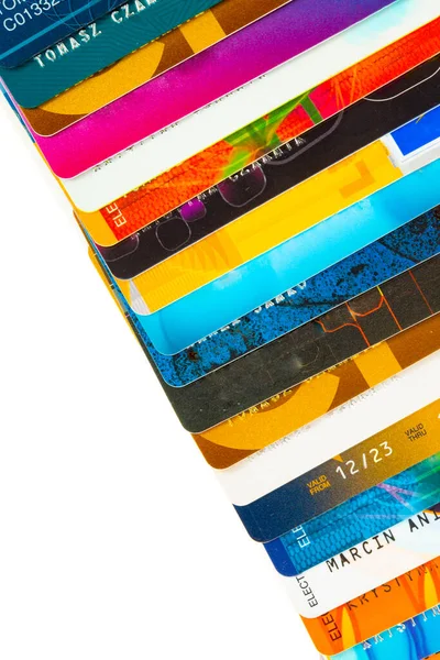 Kleurrijke Verschillende Creditcards Een Witte Achtergrond — Stockfoto