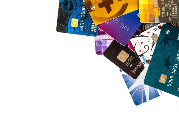 Куча Красочных Различных Кредитных Карт Белом Фоне — стоковое фото